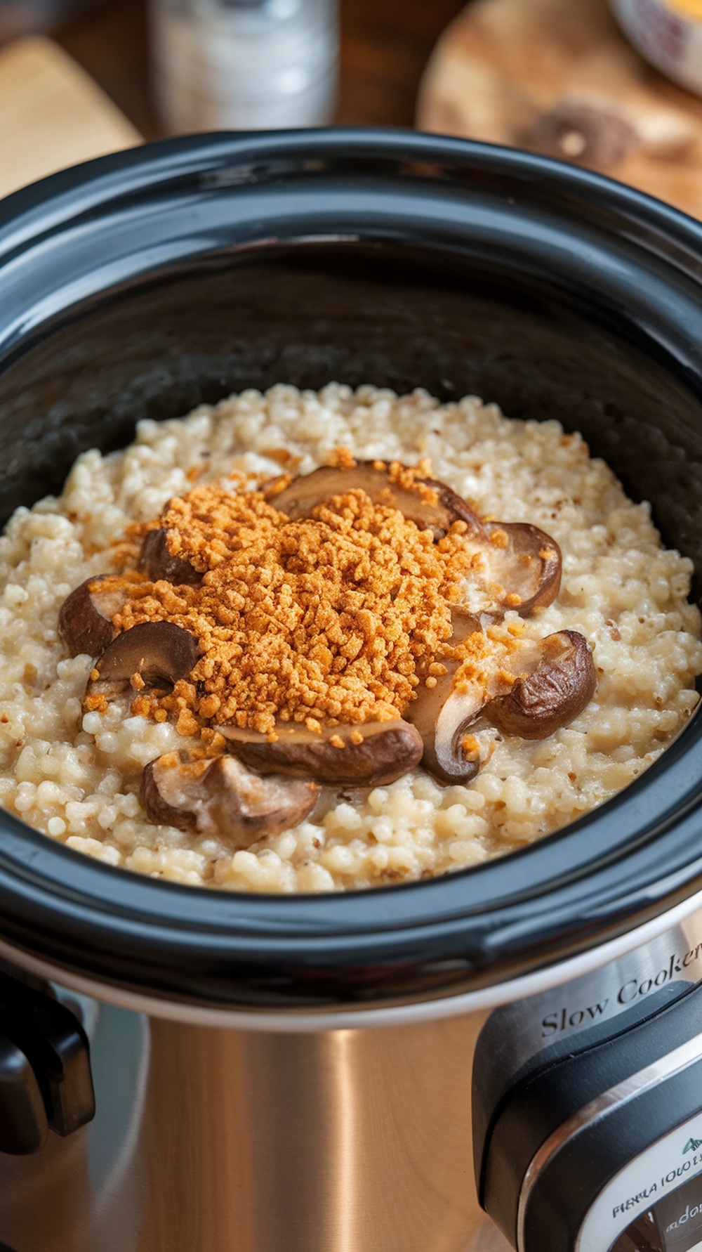 A bowl of creamy mushroom and quinoa risotto in a slow cooker, topped with spices and mushrooms.