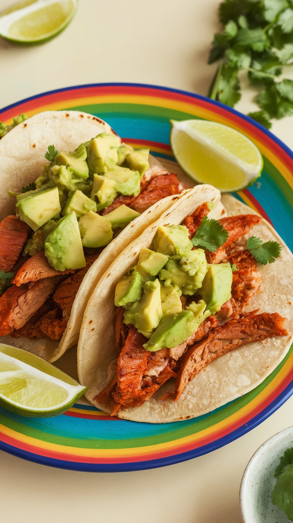 Spicy turkey tacos topped with avocado salsa on a colorful plate.