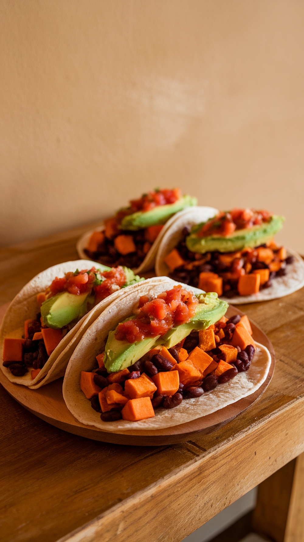 Sweet potato and black bean tacos on a wooden plate
