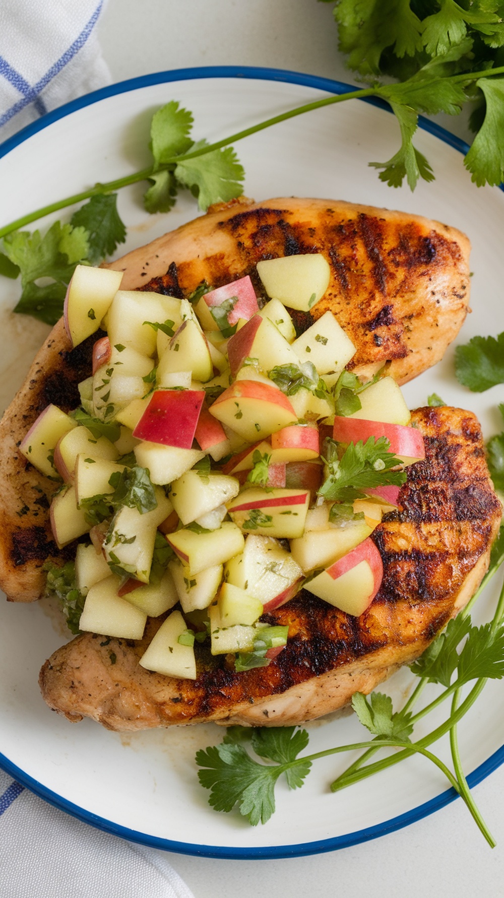 Grilled chicken topped with apple salsa and garnished with cilantro.