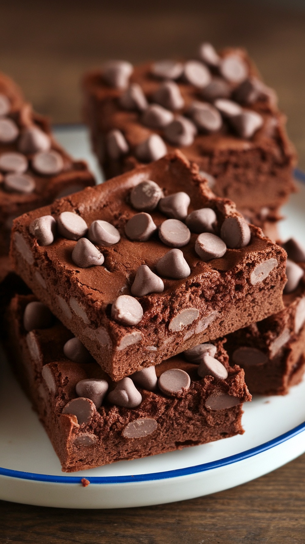Delicious double chocolate protein brownies topped with chocolate chips.