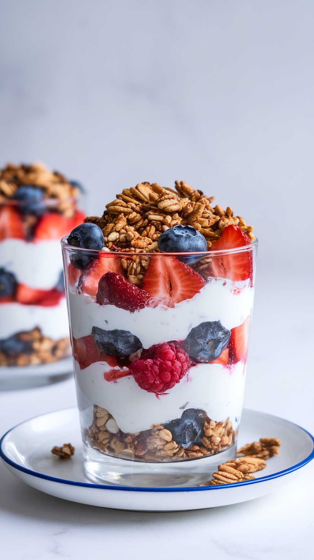 A delicious Greek yogurt parfait with layers of berries and granola in a glass.