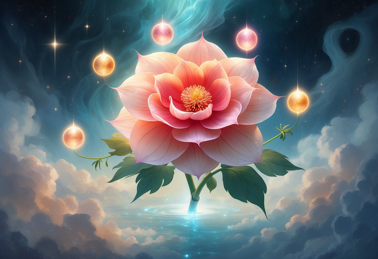 A glowing Begonia flower surrounded by eight luminous orbs floating in a starry sky with swirling mist.