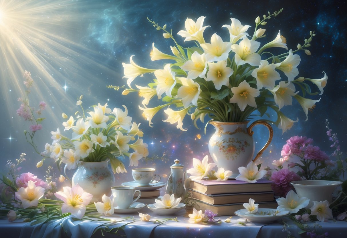 A glowing arrangement of bellflowers blooming among everyday objects like teacups and books, set against a starry sky.