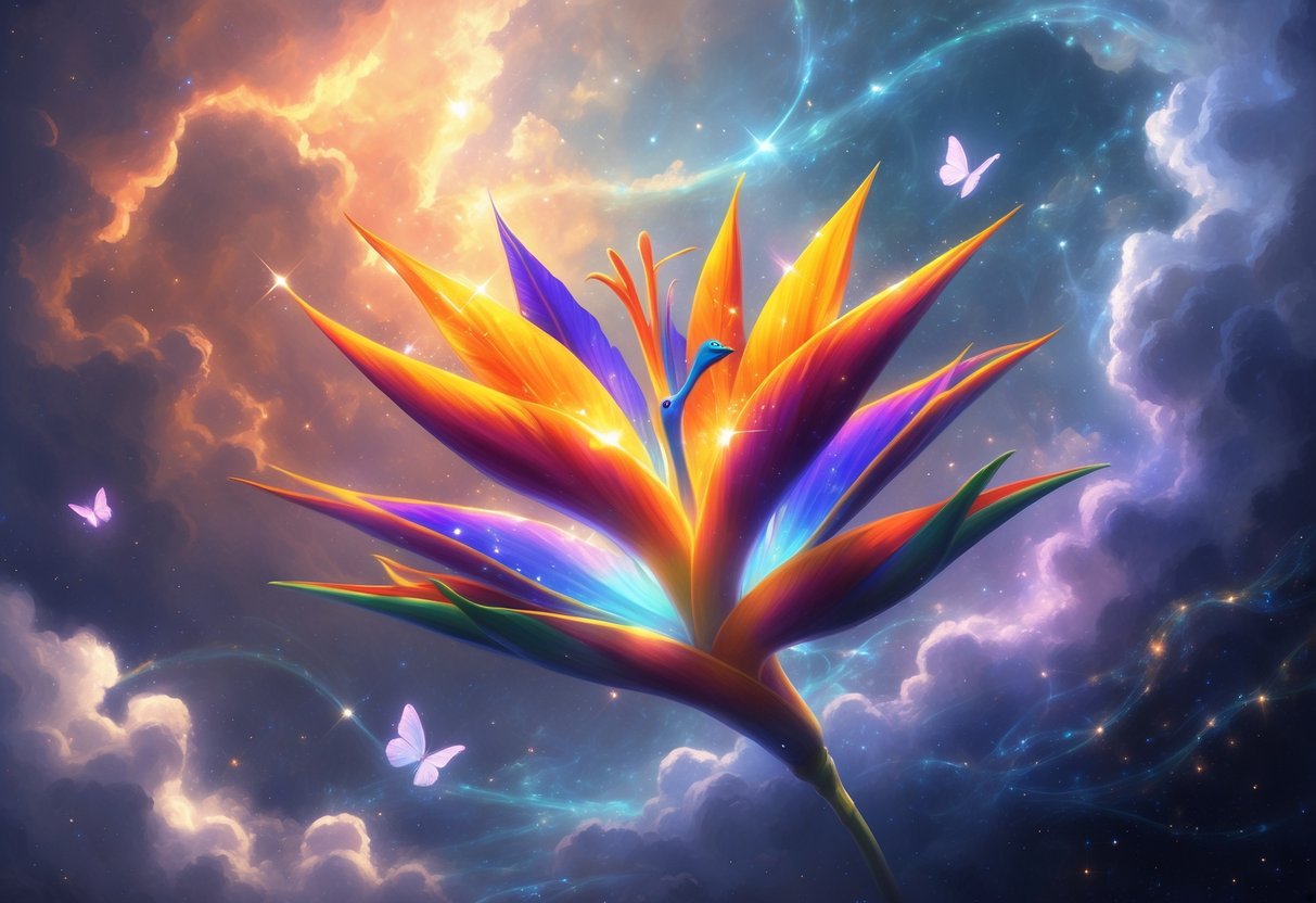 A glowing Bird of Paradise flower with vibrant colorful petals floating against a starry cosmic background, surrounded by soft glowing lights and butterflies.
