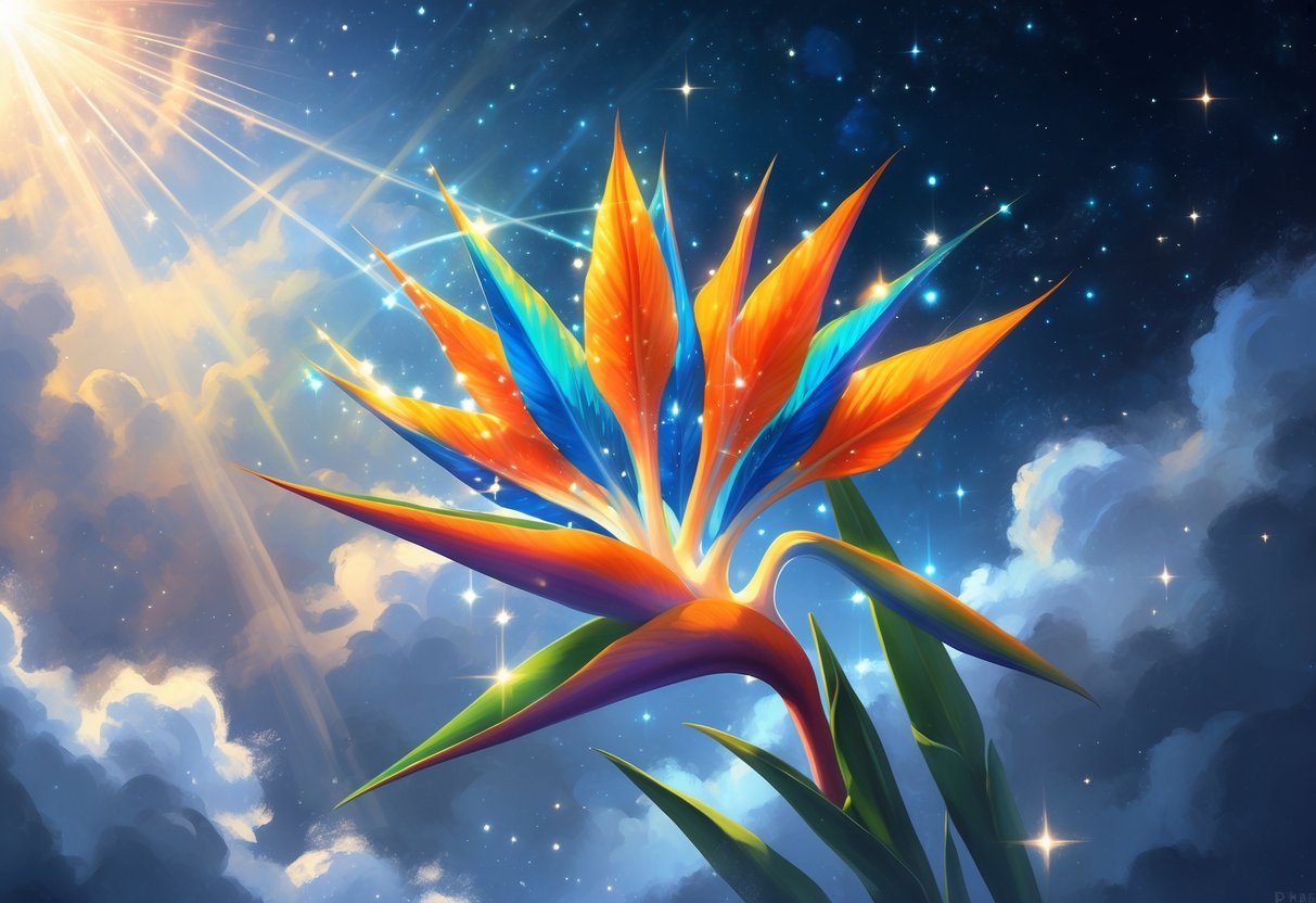 A glowing Bird of Paradise flower blooming under a starry night sky with soft beams of light and mist surrounding it.