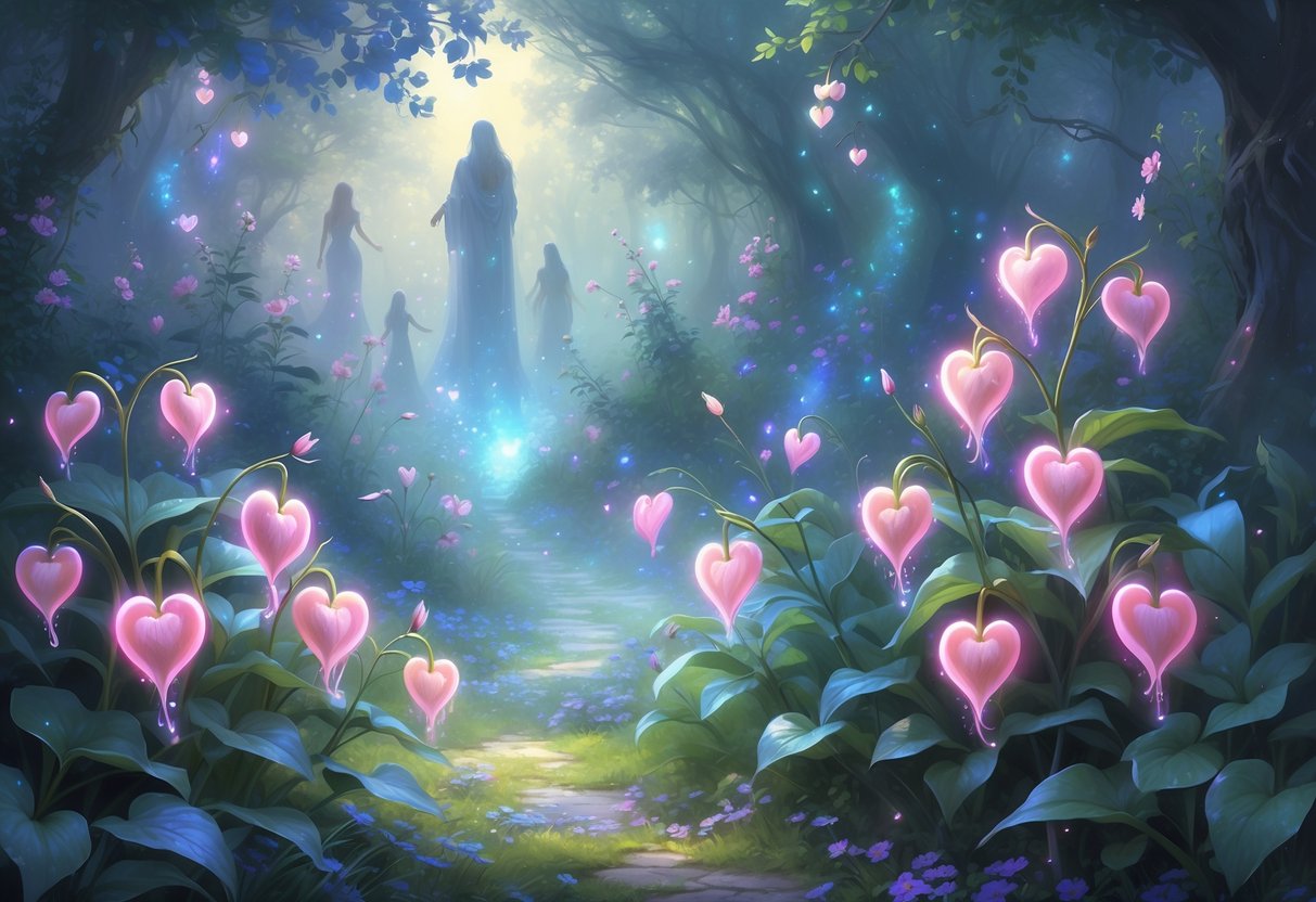 A glowing garden filled with heart-shaped Bleeding Heart flowers surrounded by mist and gentle spirits, symbolizing their spiritual meaning.