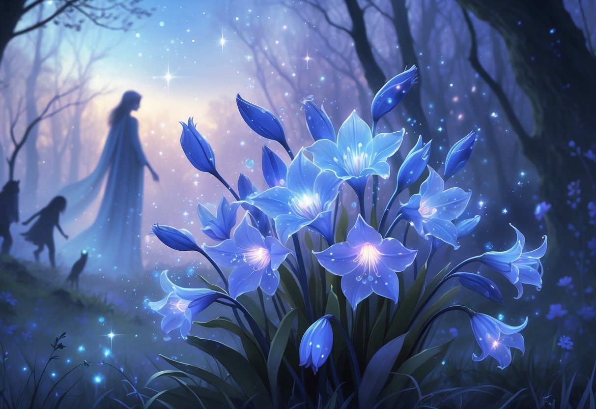 A glowing cluster of bluebell flowers in a misty forest with faint silhouettes of fairies and woodland spirits under a twilight sky.