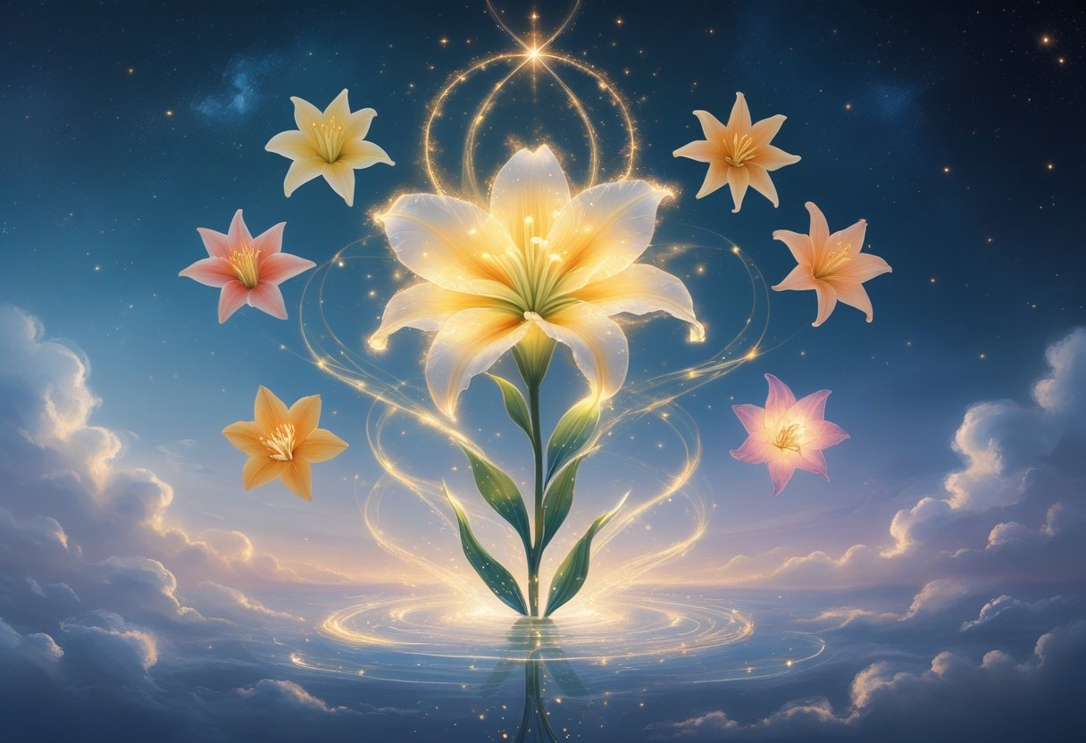 A glowing canna lily flower surrounded by seven radiant blossoms floating in a misty, starry landscape with beams of light and a peaceful atmosphere.