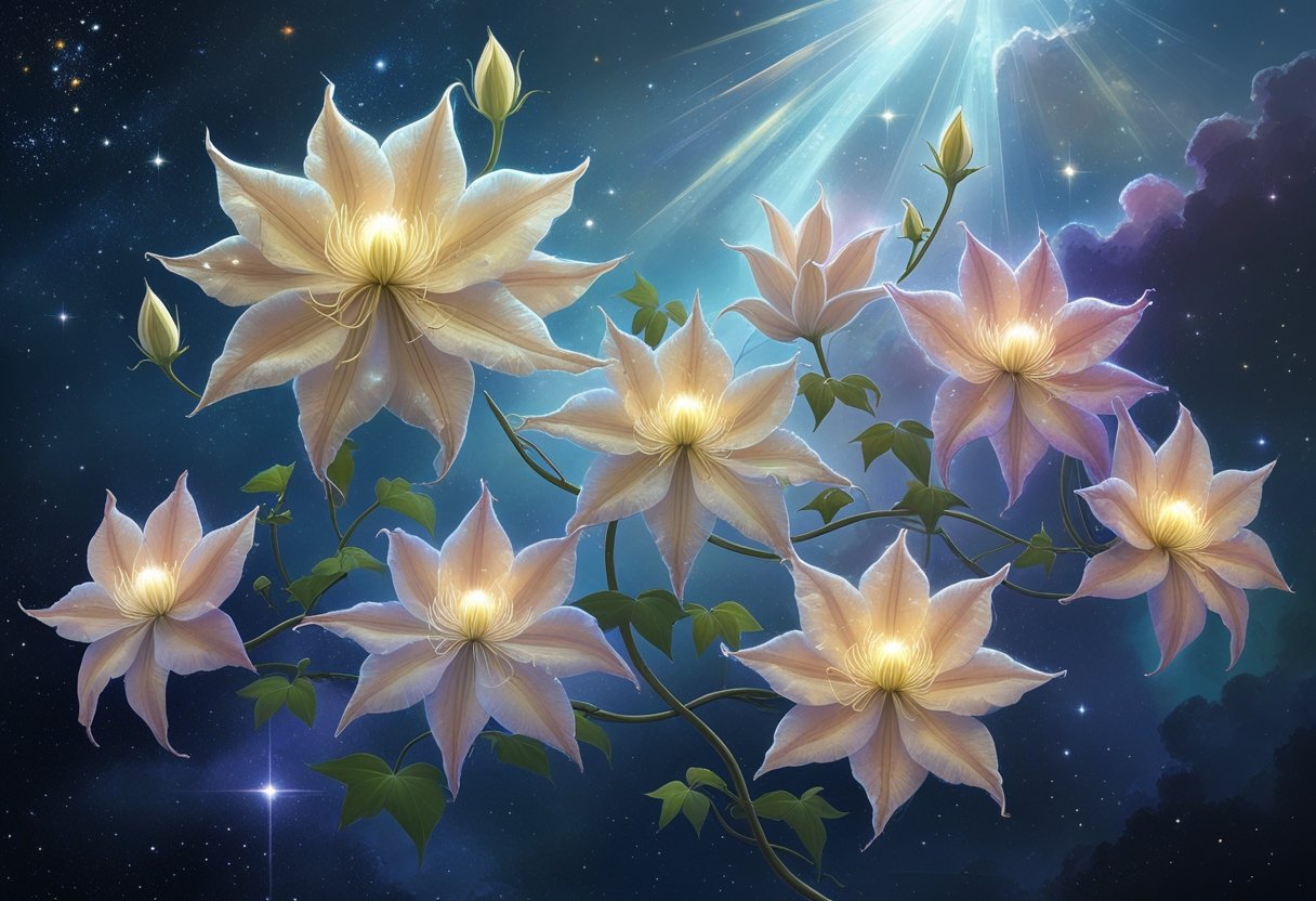 Eight glowing clematis flowers intertwined against a starry cosmic background with soft radiant light.