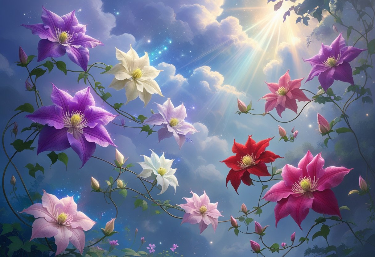A celestial garden with glowing clematis flowers of various colors floating on delicate vines surrounded by soft clouds and shimmering stardust.