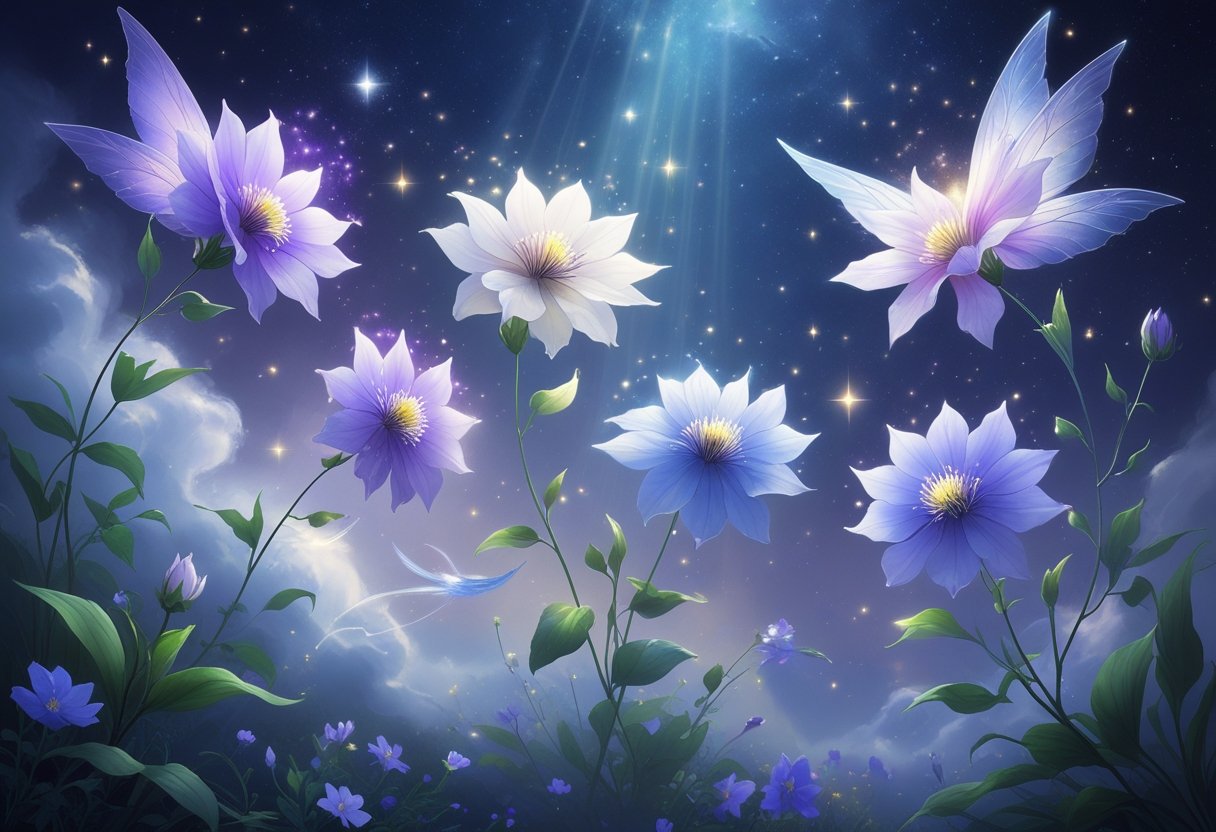 Six glowing columbine flowers floating in a misty garden under a starry sky, surrounded by soft light and gentle clouds.