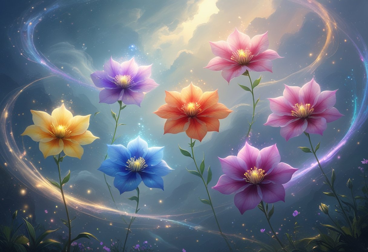 Six colorful columbine flowers glowing softly, floating in a mystical, starry environment with gentle light and magical sparkles around them.