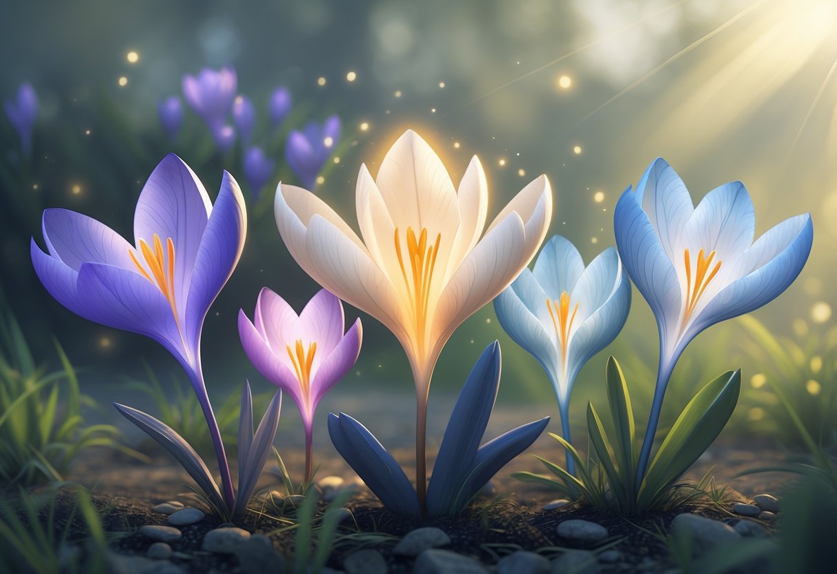 Five crocus flowers of different colors arranged together in a peaceful garden setting with soft light highlighting them.