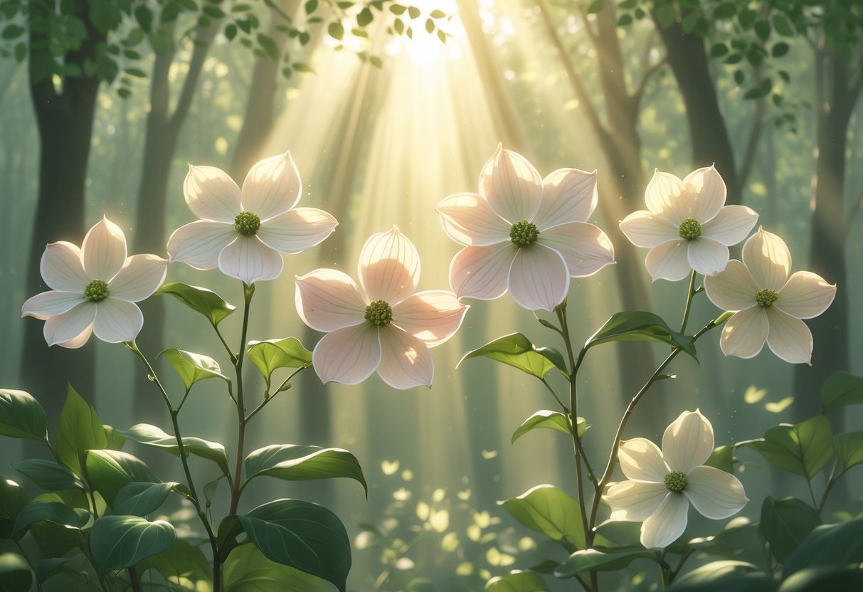Five blooming dogwood flowers surrounded by green leaves with soft sunlight filtering through a peaceful forest background.