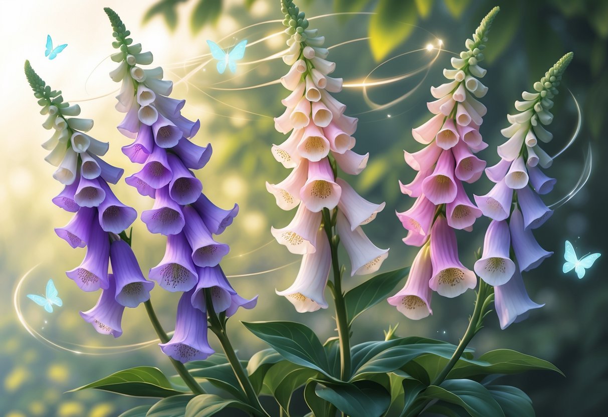 Nine blooming foxglove flowers with soft glowing light and gentle energy flows surrounded by greenery and sunlight.