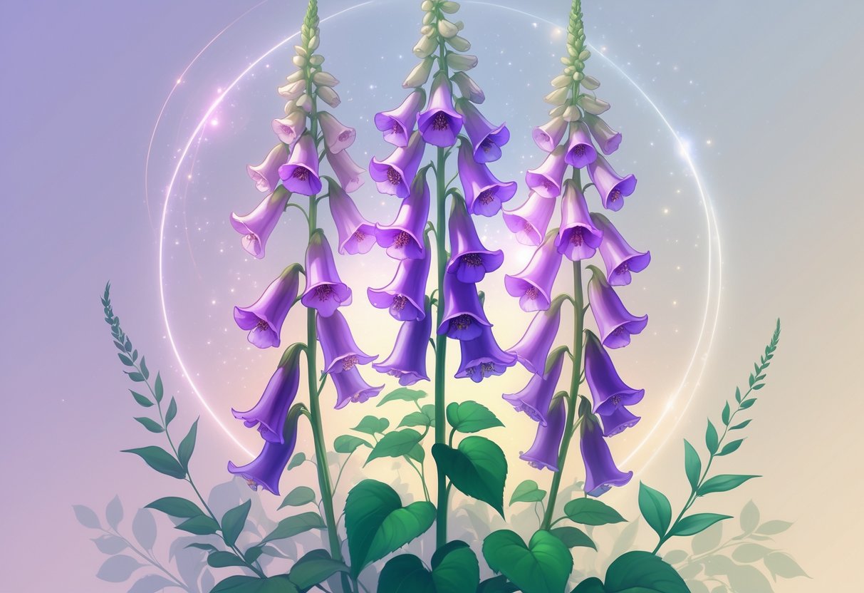 A cluster of purple foxglove flowers with glowing light and soft rays around them, set against a smooth pastel background.