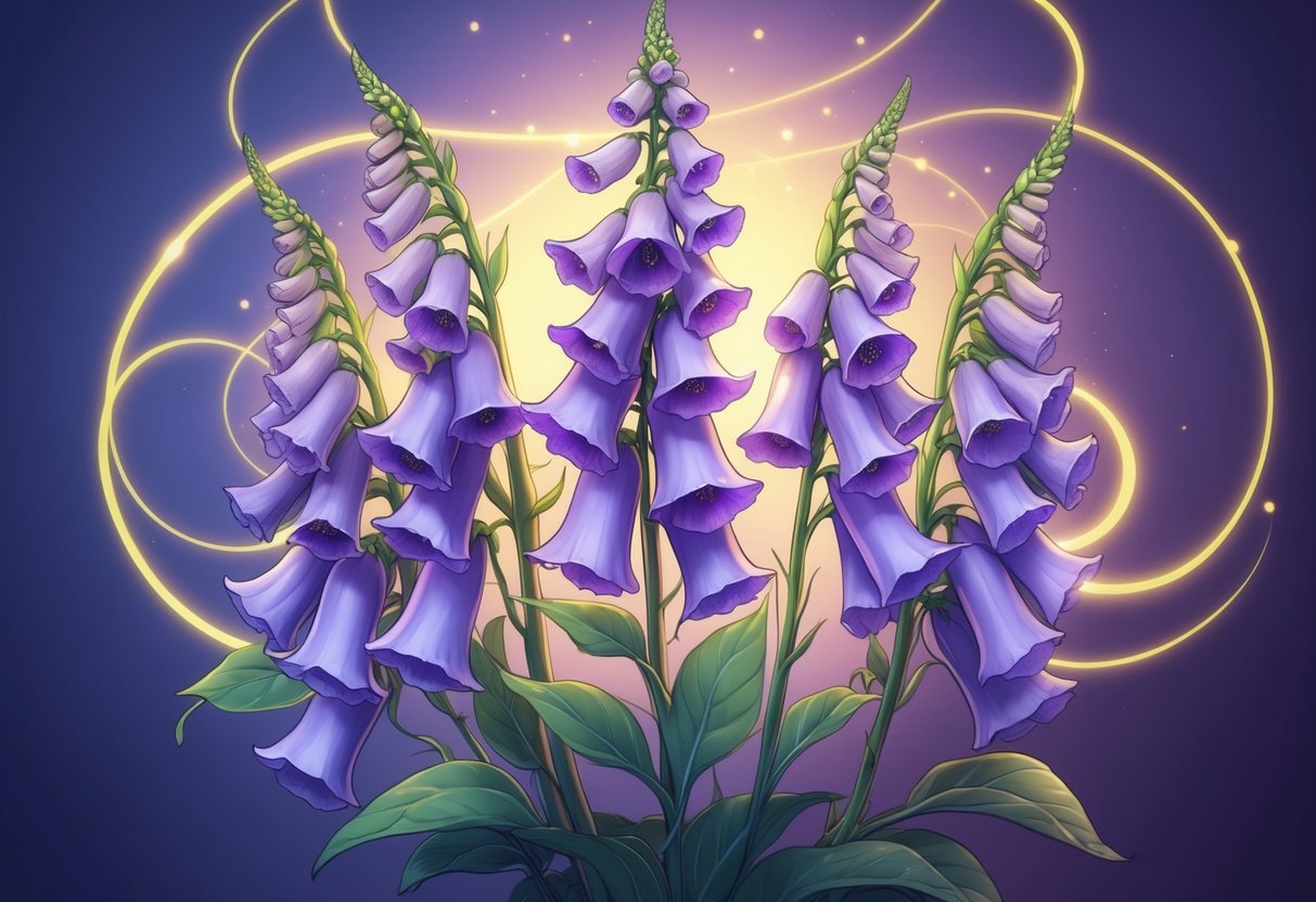 Nine purple foxglove flowers with glowing orbs and golden light swirls on a soft gradient background.
