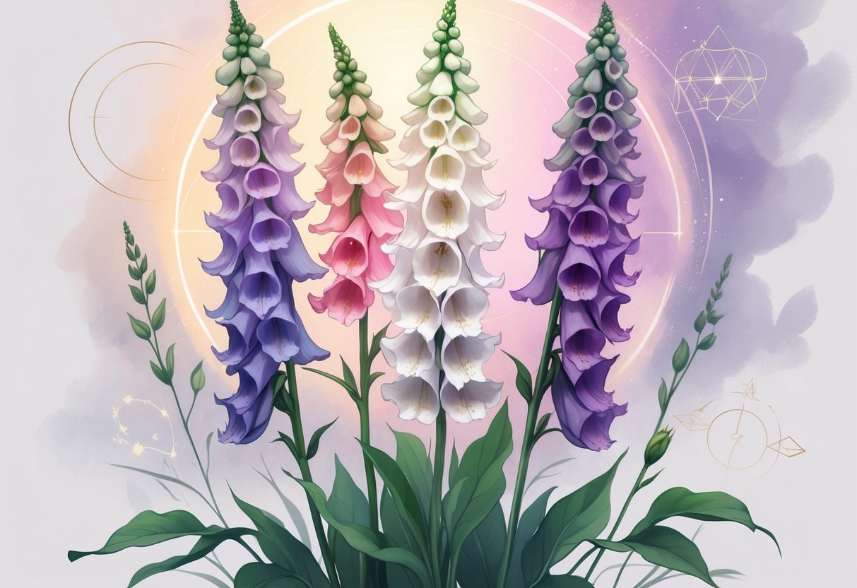 A cluster of foxglove flowers in purple, pink, and white with soft glowing light and misty auras surrounding them, set against a calm background with subtle geometric patterns.