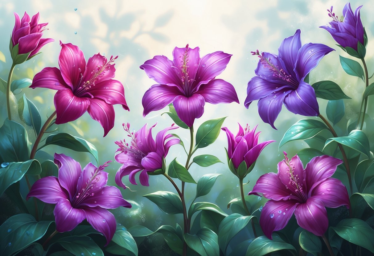Seven vibrant fuchsia flowers with green leaves arranged together against a softly blurred background.