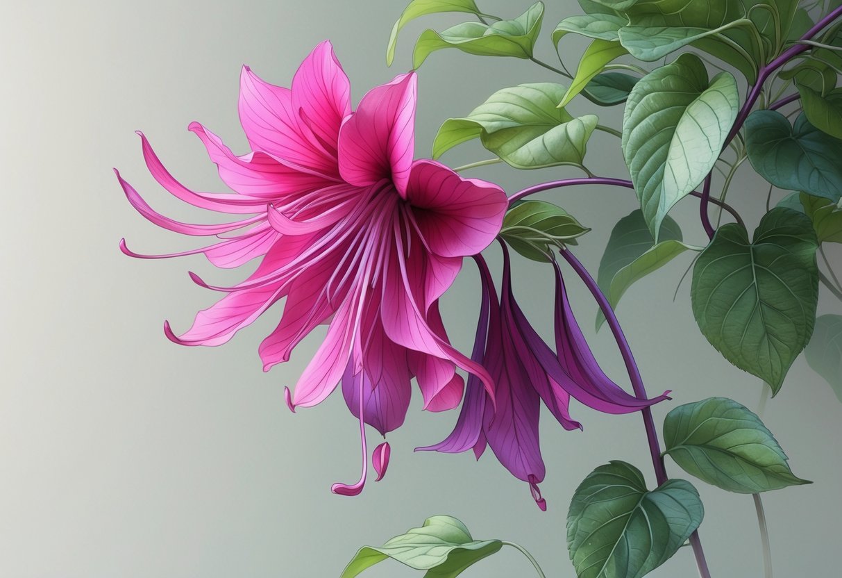 A detailed illustration of a blooming fuchsia flower with pink and purple petals and green leaves against a simple background.