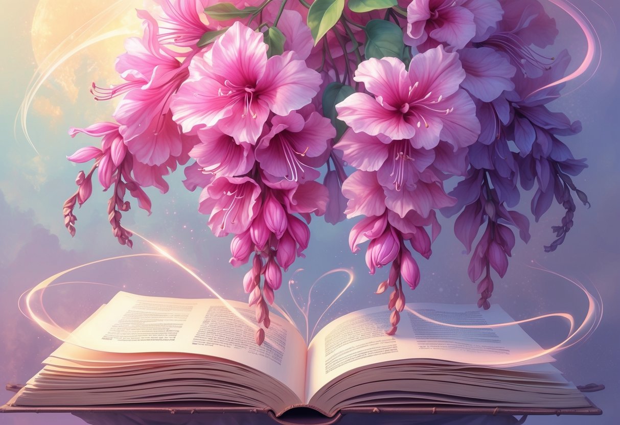 A cluster of vibrant fuchsia flowers surrounded by glowing light and ethereal wisps, with an open ancient book nearby, set against a soft pastel background.