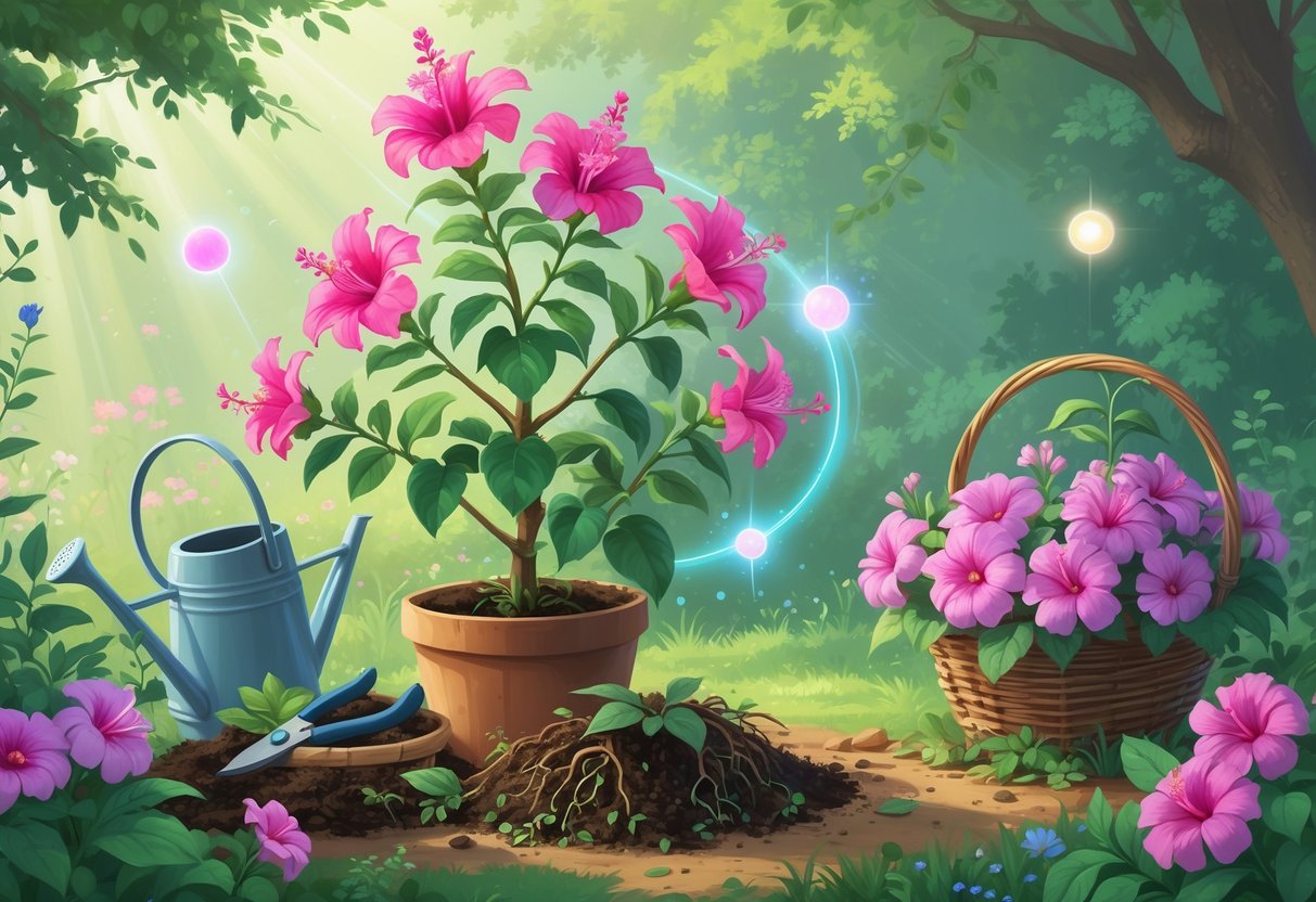 A vibrant fuchsia plant with pink and purple flowers in a garden setting, surrounded by gardening tools and a basket of harvested flowers, with soft light emphasizing its spiritual significance.