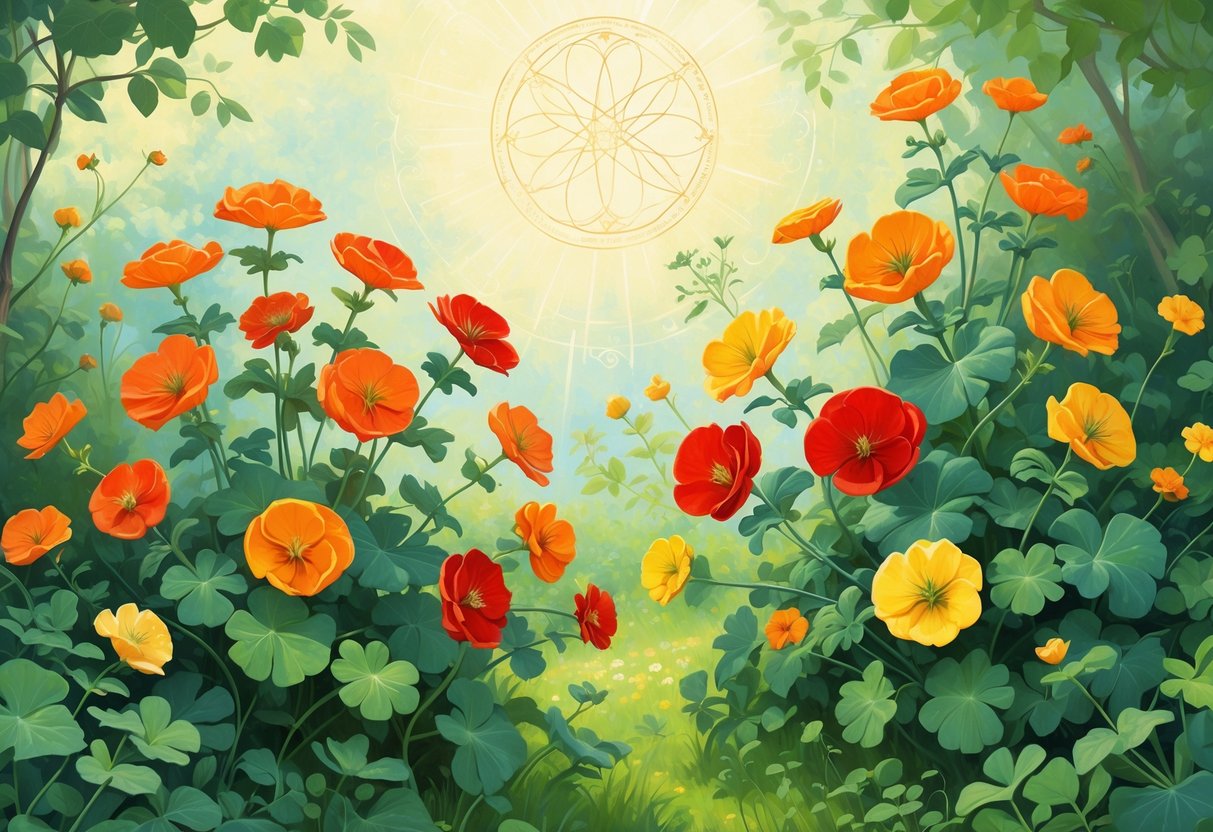 A garden with vibrant orange, red, and yellow nasturtium flowers surrounded by green leaves and vines, with soft light and subtle spiritual patterns in the background.