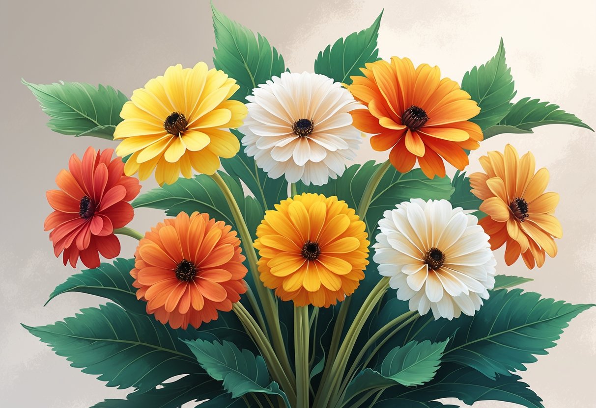 Six colorful Gazania flowers with green leaves arranged together on a soft background.