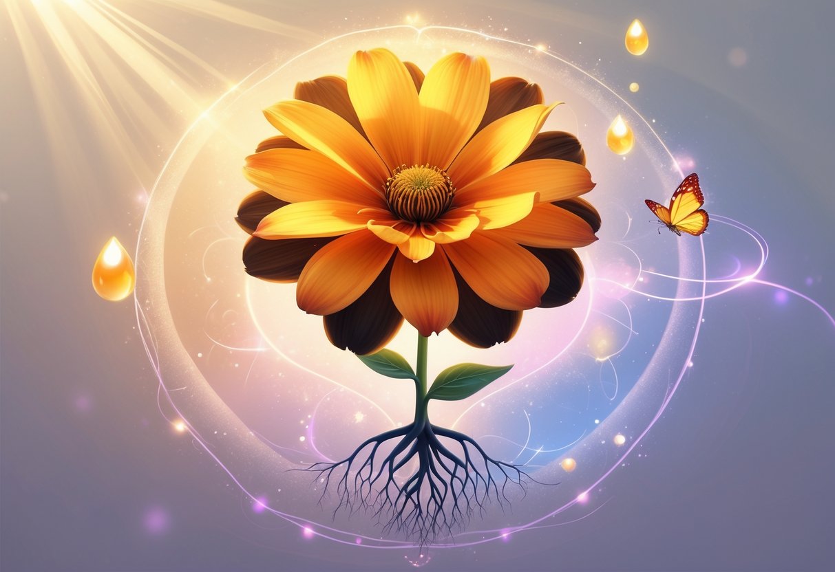 A blooming Gazania flower surrounded by glowing light, floating orbs, and subtle spiritual symbols representing vitality, transformation, grounding, peace, and love.