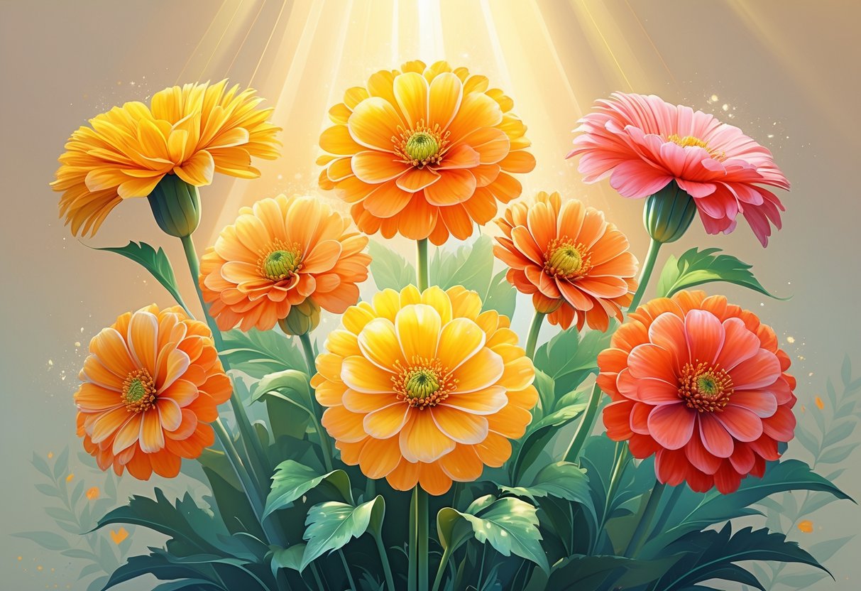 Six brightly colored Gazania flowers in full bloom with green leaves against a warm glowing background.
