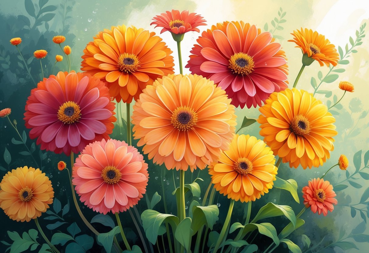 Six brightly colored Gazania flowers with vibrant petals and green leaves, bathed in soft sunlight.
