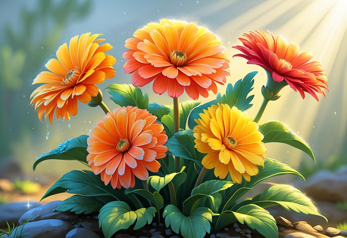 Six vibrant Gazania flowers with bright petals and green leaves surrounded by soft sunlight and dewdrops.