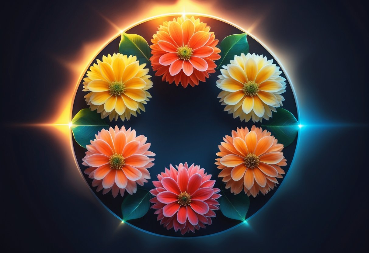 Six vibrant Gazania flowers arranged in a circle, with bright petals illuminated by light on one side and fading into shadows on the other, symbolizing balance between light and darkness.