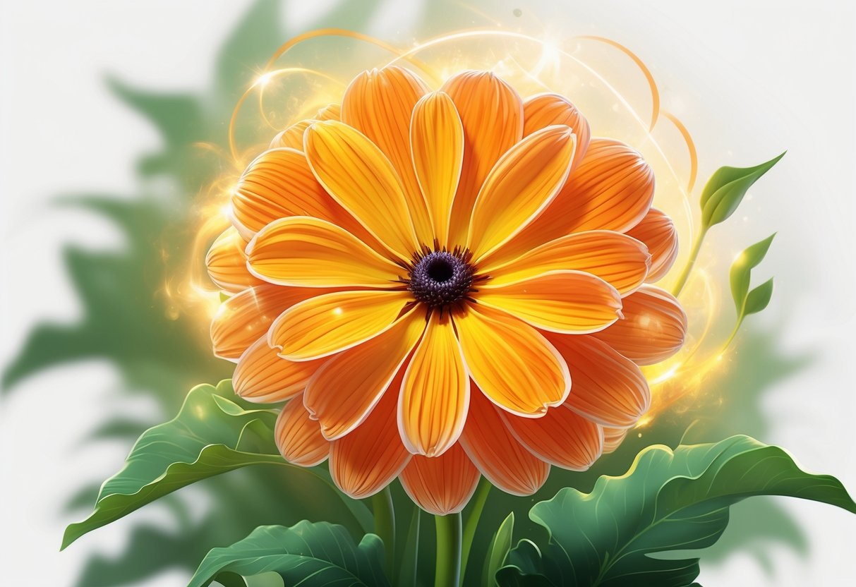 A close-up of a bright orange and yellow Gazania flower with green leaves in the background.