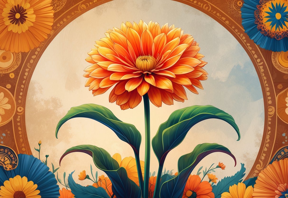 A vibrant Gazania flower with bright orange, yellow, and red petals surrounded by subtle traditional cultural patterns.