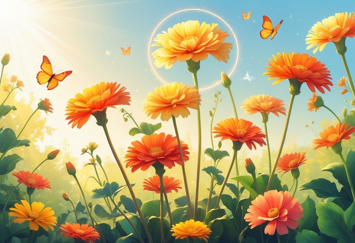 A sunlit garden with bright orange and yellow Gazania flowers surrounded by butterflies and soft sunlight, symbolizing positivity and renewal.