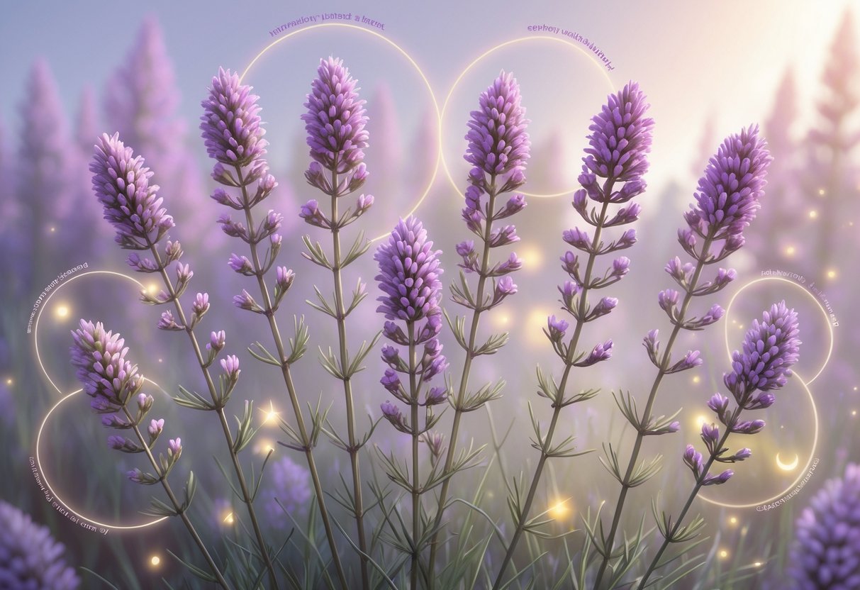 Seven purple heather flowers growing together with soft sunlight and gentle natural elements around them, creating a peaceful and spiritual scene.