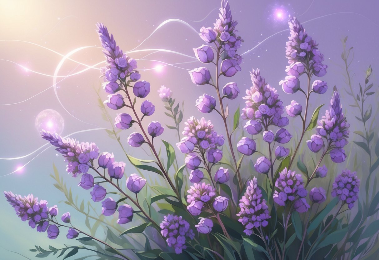 Clusters of purple and pink heather flowers with green leaves surrounded by soft glowing light, evoking a peaceful and spiritual atmosphere.