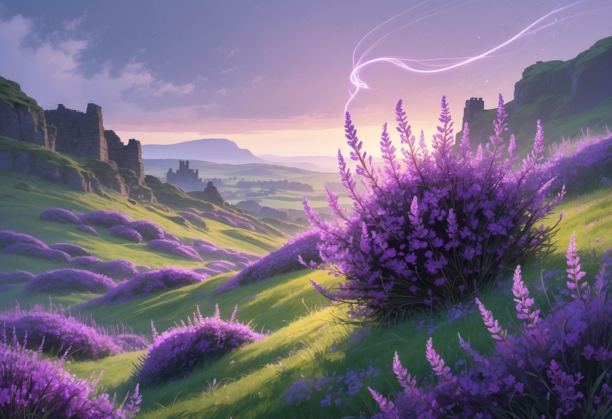 A blooming purple Heather flower in green Scottish hills with a distant castle and misty sky, evoking a mystical and spiritual atmosphere.