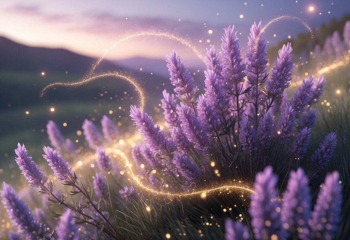 A cluster of purple heather flowers glowing softly with light, surrounded by sparkling particles and a calm natural landscape at twilight.