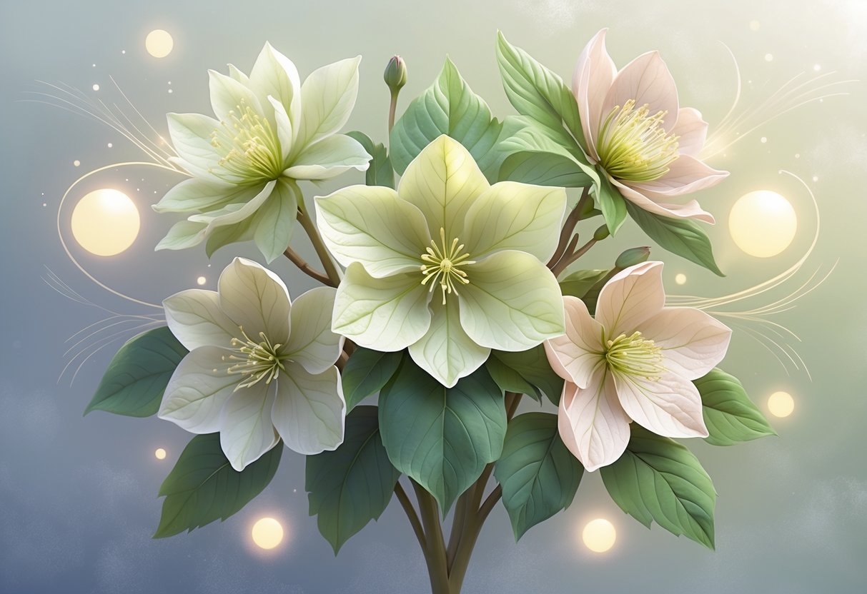 Five blooming hellebore flowers arranged with soft glowing light and gentle wisps around them symbolizing spiritual meanings.