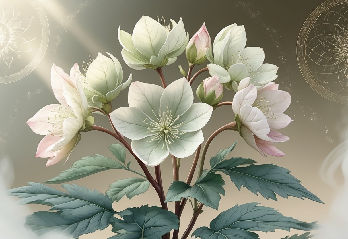 Detailed illustration of blooming hellebore flowers with leaves and subtle glowing light symbolizing their cultural and spiritual significance.