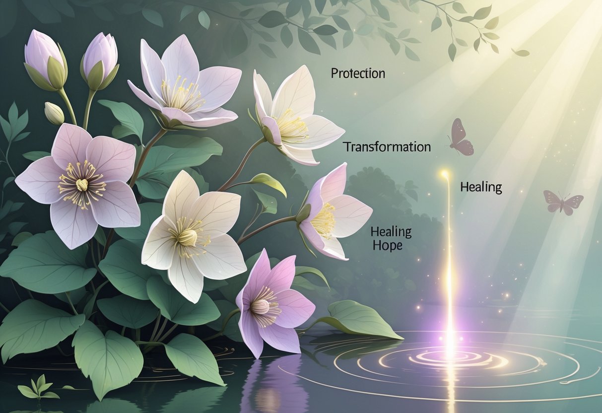 A cluster of five blooming hellebore flowers surrounded by leaves and subtle symbolic elements representing protection, serenity, transformation, healing, and hope.