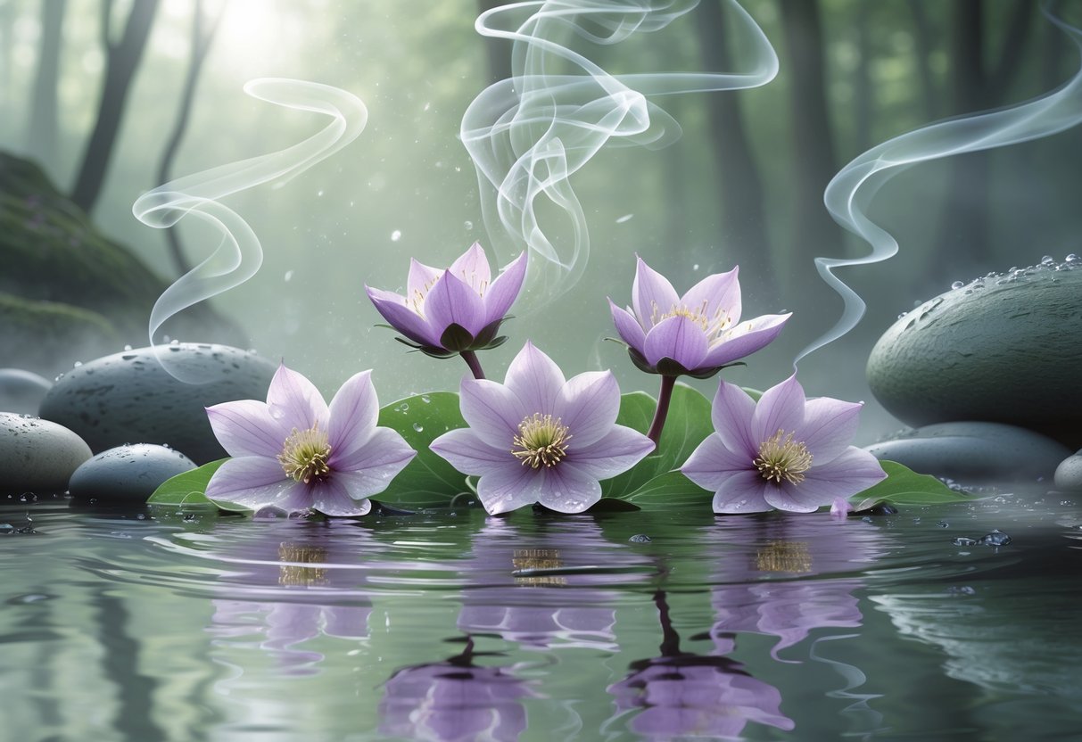 Five blooming hellebore flowers arranged on water with soft glowing light, gentle smoke, and a peaceful forest background symbolizing spiritual purification and cleansing.