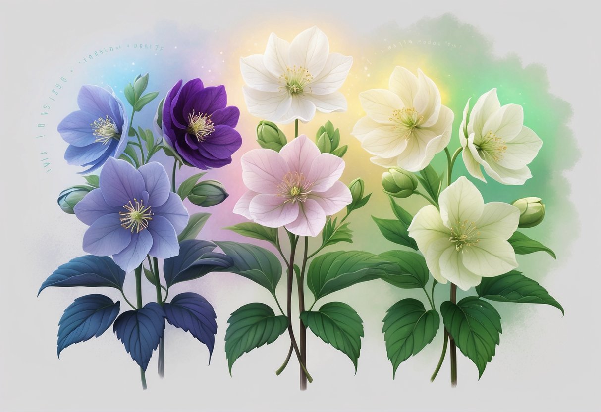 A detailed illustration of colorful hellebore flowers with green leaves, each flower glowing subtly to represent different spiritual meanings.
