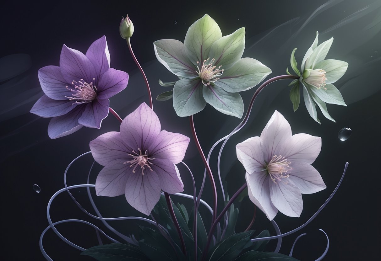 Five hellebore flowers with varying colors arranged together surrounded by shadows and soft light, with a faint snake winding through the stems and water droplets on the petals.