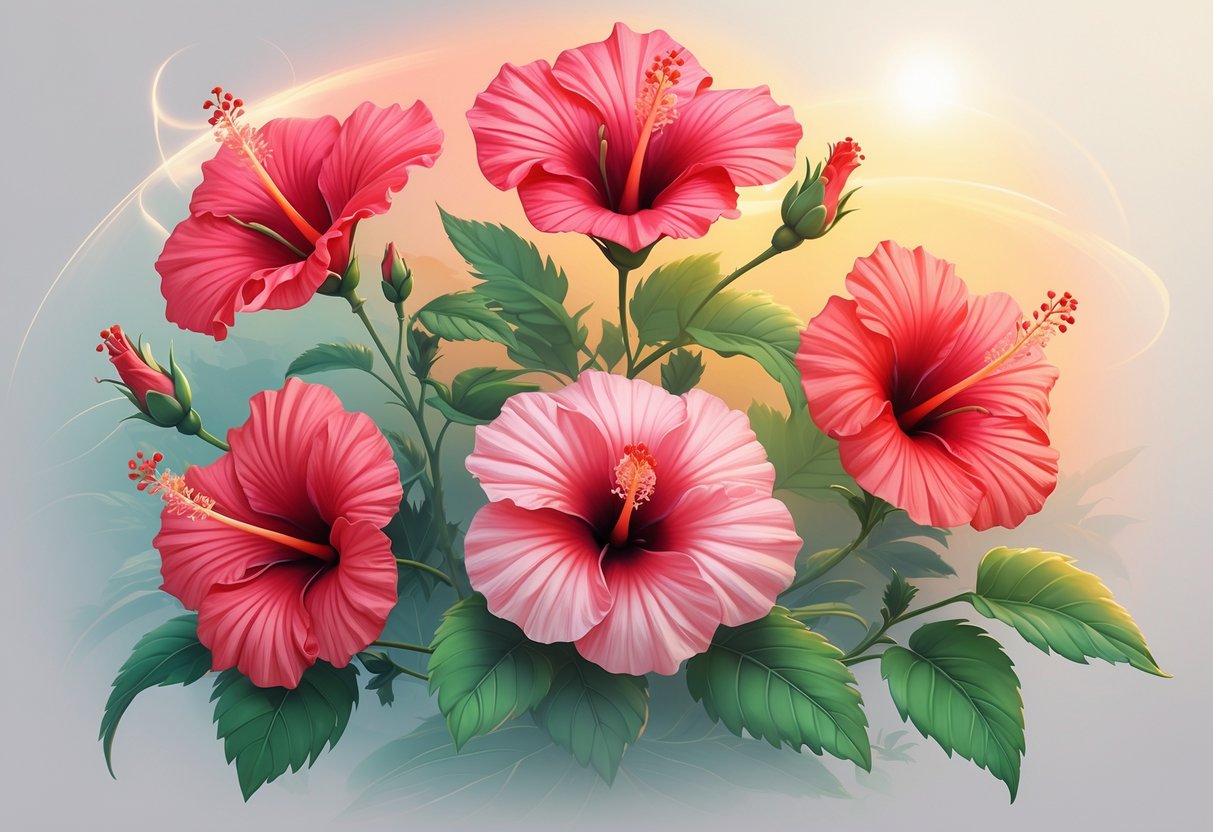 Six vibrant red hibiscus flowers with green leaves arranged together, glowing softly against a warm, serene background.