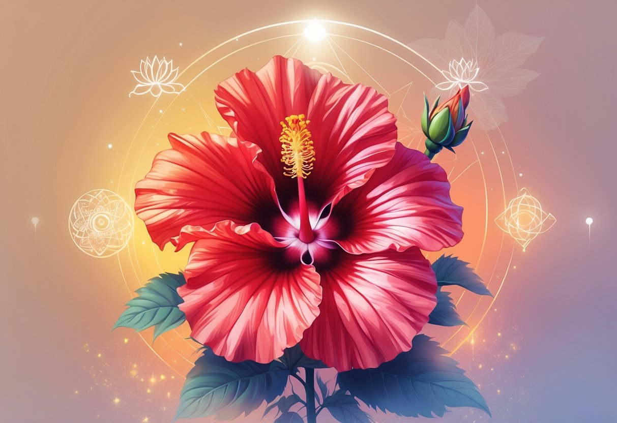 A vibrant red Hibiscus Rosa-Sinensis flower surrounded by glowing light and spiritual symbols like lotus flowers and mandalas in a peaceful, colorful background.