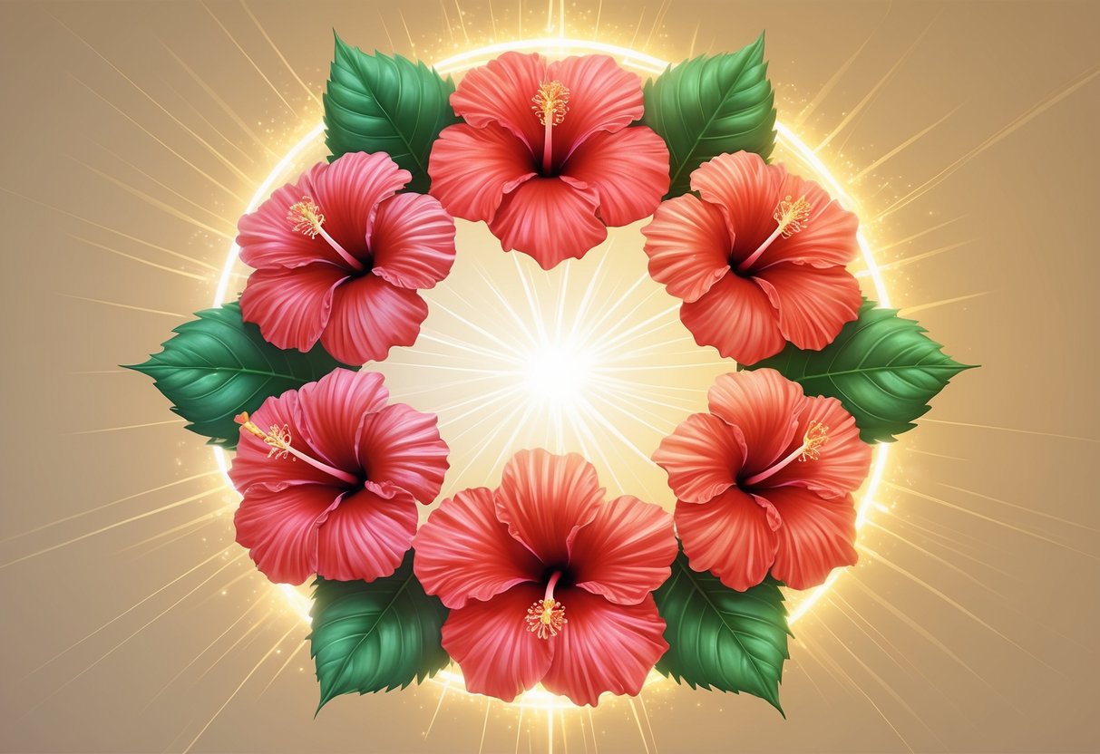 Six red hibiscus flowers arranged in a circle with green leaves and a glowing golden background symbolizing protection and positivity.